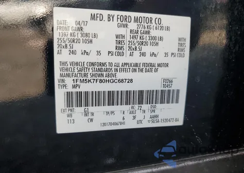 2017 Ford Explorer Limited z USA, uszkodzony, nr VIN 1FM5K7F80HGC68728